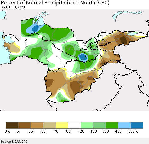 Central Asia Percent of Normal Precipitation 1-Month (CPC) Thematic Map For 10/1/2023 - 10/31/2023