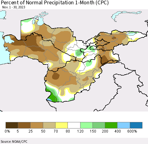 Central Asia Percent of Normal Precipitation 1-Month (CPC) Thematic Map For 11/1/2023 - 11/30/2023