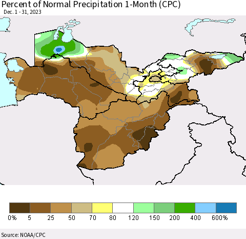 Central Asia Percent of Normal Precipitation 1-Month (CPC) Thematic Map For 12/1/2023 - 12/31/2023