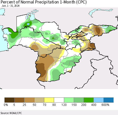 Central Asia Percent of Normal Precipitation 1-Month (CPC) Thematic Map For 1/1/2024 - 1/31/2024