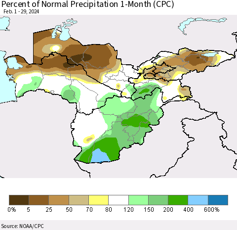 Central Asia Percent of Normal Precipitation 1-Month (CPC) Thematic Map For 2/1/2024 - 2/29/2024