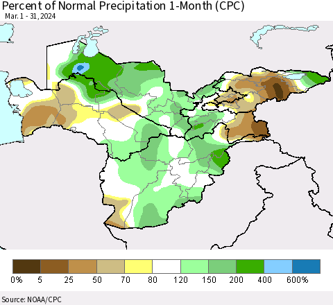 Central Asia Percent of Normal Precipitation 1-Month (CPC) Thematic Map For 3/1/2024 - 3/31/2024