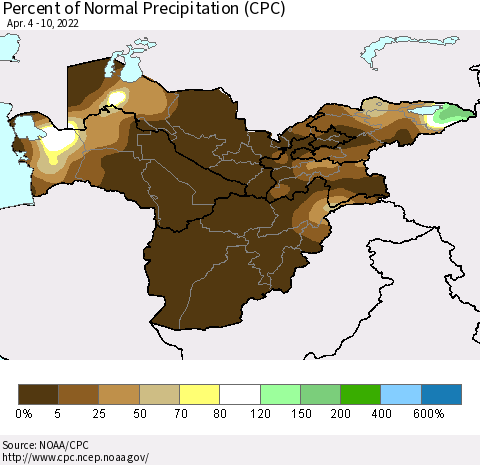 Central Asia Percent of Normal Precipitation (CPC) Thematic Map For 4/4/2022 - 4/10/2022