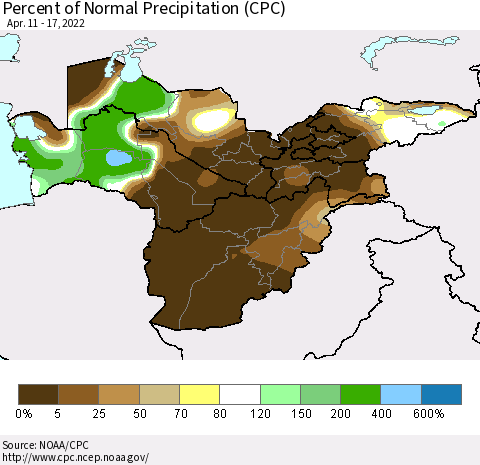 Central Asia Percent of Normal Precipitation (CPC) Thematic Map For 4/11/2022 - 4/17/2022