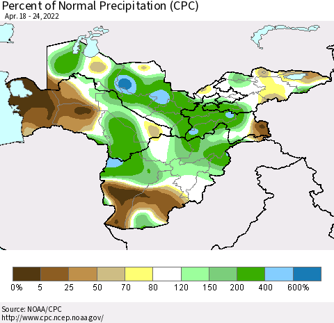 Central Asia Percent of Normal Precipitation (CPC) Thematic Map For 4/18/2022 - 4/24/2022