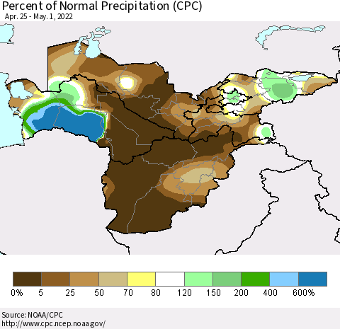 Central Asia Percent of Normal Precipitation (CPC) Thematic Map For 4/25/2022 - 5/1/2022