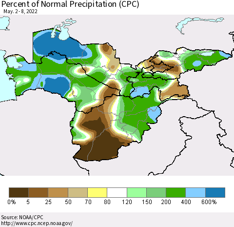 Central Asia Percent of Normal Precipitation (CPC) Thematic Map For 5/2/2022 - 5/8/2022