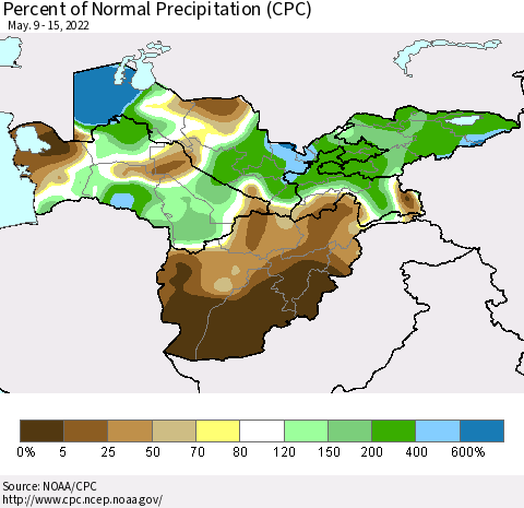 Central Asia Percent of Normal Precipitation (CPC) Thematic Map For 5/9/2022 - 5/15/2022