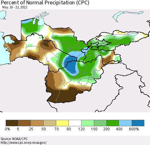 Central Asia Percent of Normal Precipitation (CPC) Thematic Map For 5/16/2022 - 5/22/2022