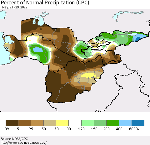 Central Asia Percent of Normal Precipitation (CPC) Thematic Map For 5/23/2022 - 5/29/2022
