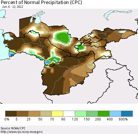 Central Asia Percent of Normal Precipitation (CPC) Thematic Map For 6/6/2022 - 6/12/2022