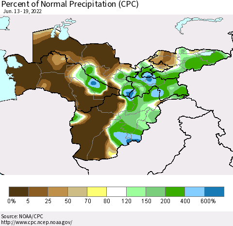 Central Asia Percent of Normal Precipitation (CPC) Thematic Map For 6/13/2022 - 6/19/2022