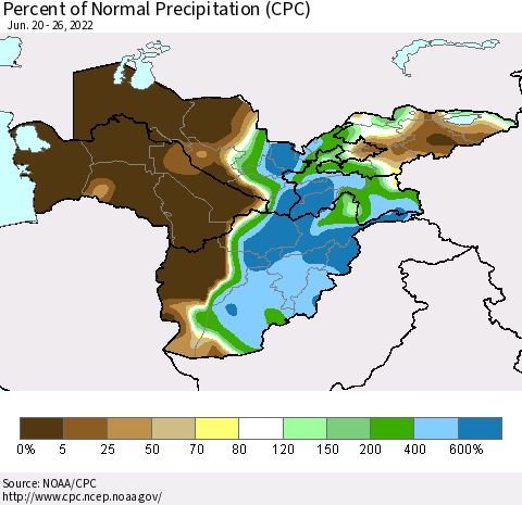 Central Asia Percent of Normal Precipitation (CPC) Thematic Map For 6/20/2022 - 6/26/2022