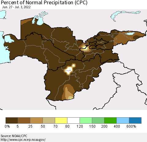 Central Asia Percent of Normal Precipitation (CPC) Thematic Map For 6/27/2022 - 7/3/2022