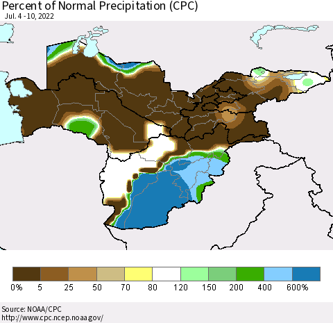 Central Asia Percent of Normal Precipitation (CPC) Thematic Map For 7/4/2022 - 7/10/2022