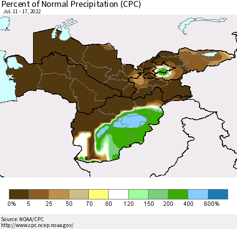 Central Asia Percent of Normal Precipitation (CPC) Thematic Map For 7/11/2022 - 7/17/2022