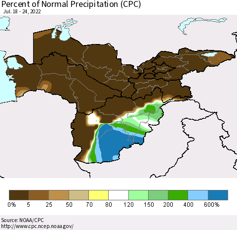 Central Asia Percent of Normal Precipitation (CPC) Thematic Map For 7/18/2022 - 7/24/2022