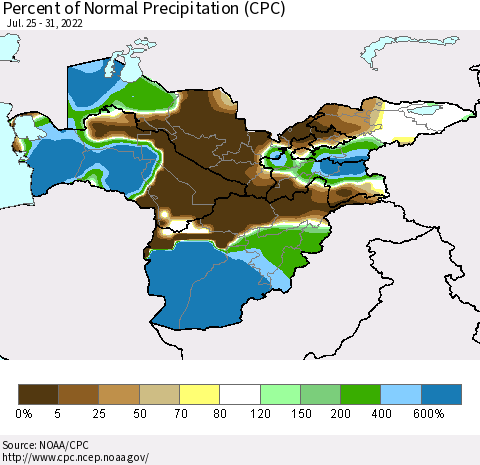 Central Asia Percent of Normal Precipitation (CPC) Thematic Map For 7/25/2022 - 7/31/2022