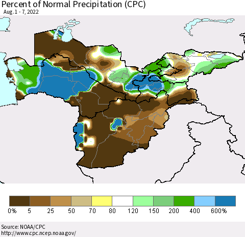 Central Asia Percent of Normal Precipitation (CPC) Thematic Map For 8/1/2022 - 8/7/2022