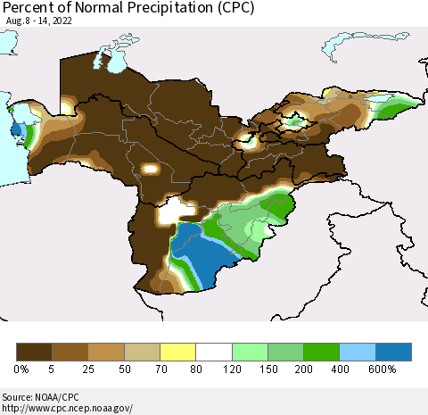 Central Asia Percent of Normal Precipitation (CPC) Thematic Map For 8/8/2022 - 8/14/2022