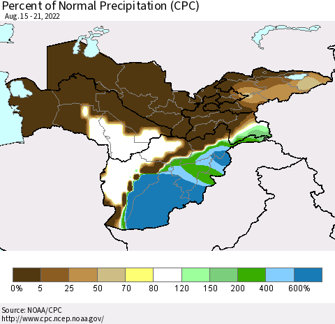 Central Asia Percent of Normal Precipitation (CPC) Thematic Map For 8/15/2022 - 8/21/2022