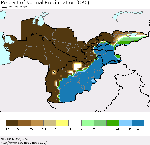 Central Asia Percent of Normal Precipitation (CPC) Thematic Map For 8/22/2022 - 8/28/2022