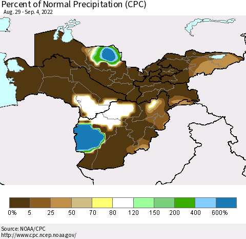 Central Asia Percent of Normal Precipitation (CPC) Thematic Map For 8/29/2022 - 9/4/2022