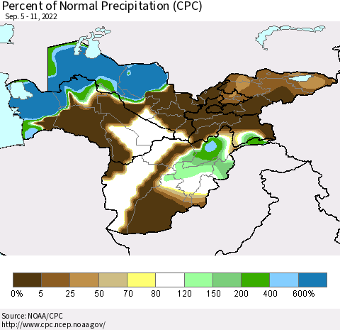 Central Asia Percent of Normal Precipitation (CPC) Thematic Map For 9/5/2022 - 9/11/2022