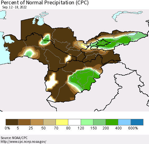 Central Asia Percent of Normal Precipitation (CPC) Thematic Map For 9/12/2022 - 9/18/2022