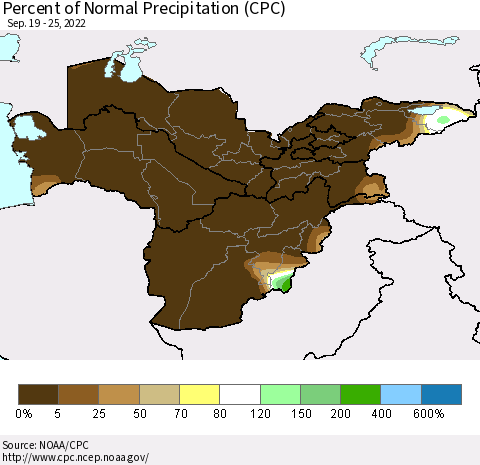 Central Asia Percent of Normal Precipitation (CPC) Thematic Map For 9/19/2022 - 9/25/2022