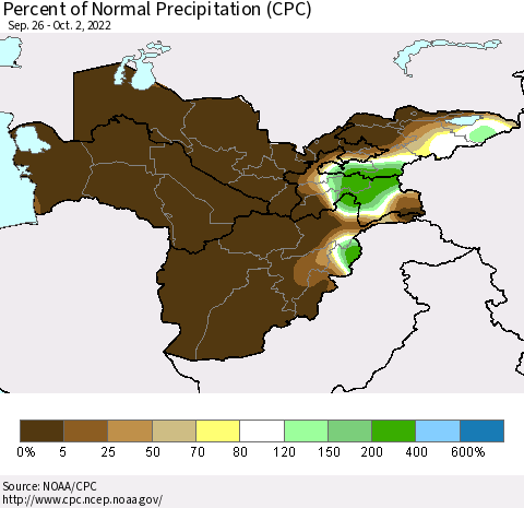 Central Asia Percent of Normal Precipitation (CPC) Thematic Map For 9/26/2022 - 10/2/2022