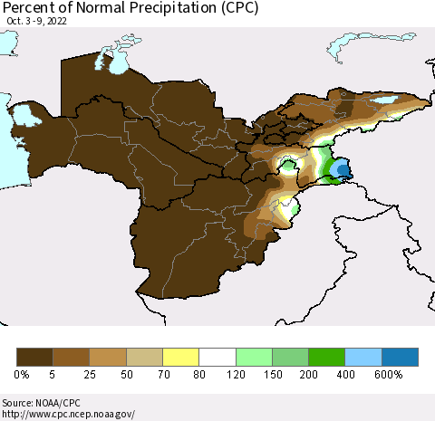 Central Asia Percent of Normal Precipitation (CPC) Thematic Map For 10/3/2022 - 10/9/2022
