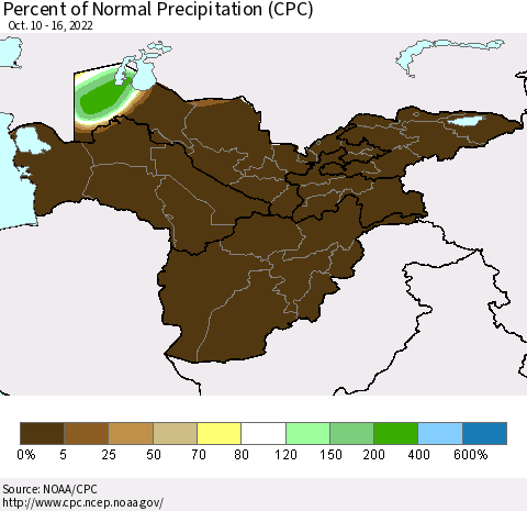 Central Asia Percent of Normal Precipitation (CPC) Thematic Map For 10/10/2022 - 10/16/2022