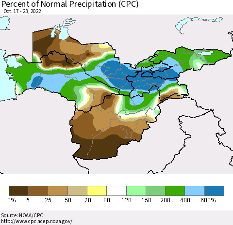 Central Asia Percent of Normal Precipitation (CPC) Thematic Map For 10/17/2022 - 10/23/2022