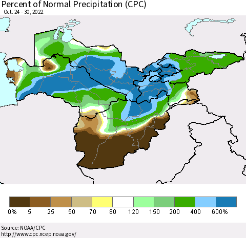 Central Asia Percent of Normal Precipitation (CPC) Thematic Map For 10/24/2022 - 10/30/2022