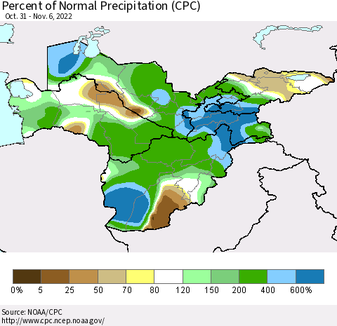 Central Asia Percent of Normal Precipitation (CPC) Thematic Map For 10/31/2022 - 11/6/2022