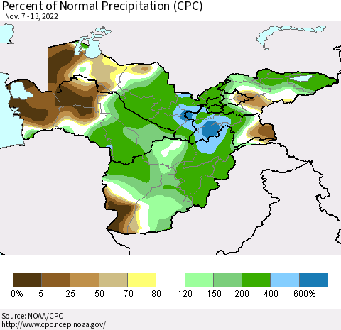 Central Asia Percent of Normal Precipitation (CPC) Thematic Map For 11/7/2022 - 11/13/2022