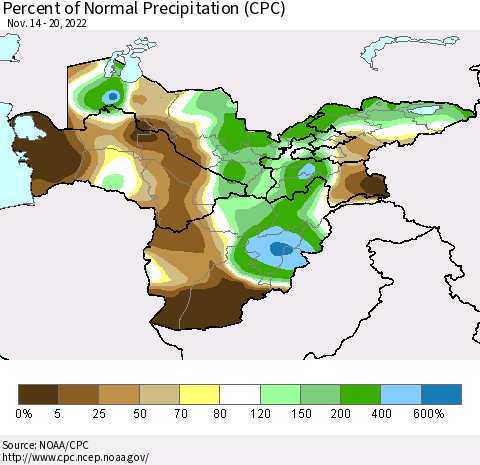 Central Asia Percent of Normal Precipitation (CPC) Thematic Map For 11/14/2022 - 11/20/2022