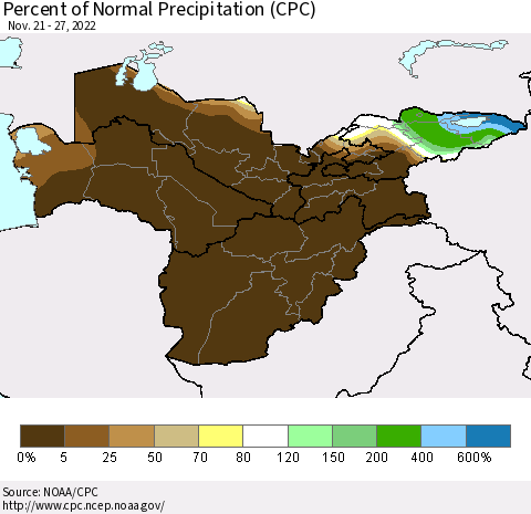 Central Asia Percent of Normal Precipitation (CPC) Thematic Map For 11/21/2022 - 11/27/2022
