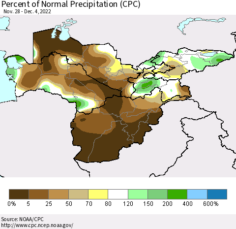 Central Asia Percent of Normal Precipitation (CPC) Thematic Map For 11/28/2022 - 12/4/2022