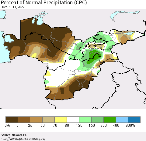 Central Asia Percent of Normal Precipitation (CPC) Thematic Map For 12/5/2022 - 12/11/2022