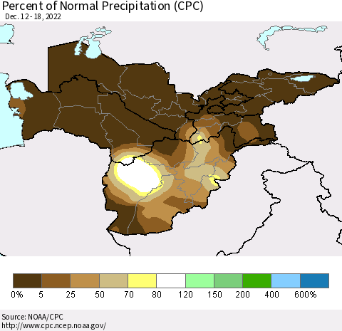 Central Asia Percent of Normal Precipitation (CPC) Thematic Map For 12/12/2022 - 12/18/2022