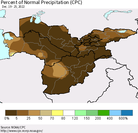 Central Asia Percent of Normal Precipitation (CPC) Thematic Map For 12/19/2022 - 12/25/2022