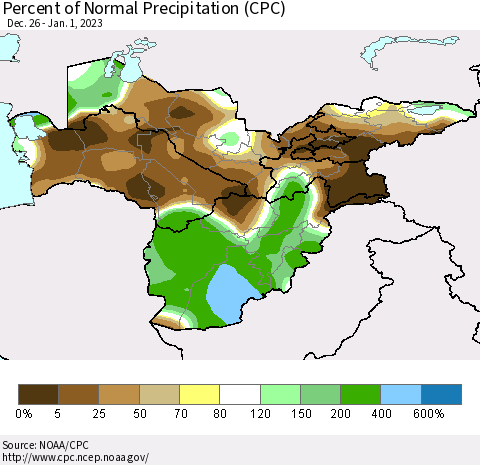 Central Asia Percent of Normal Precipitation (CPC) Thematic Map For 12/26/2022 - 1/1/2023