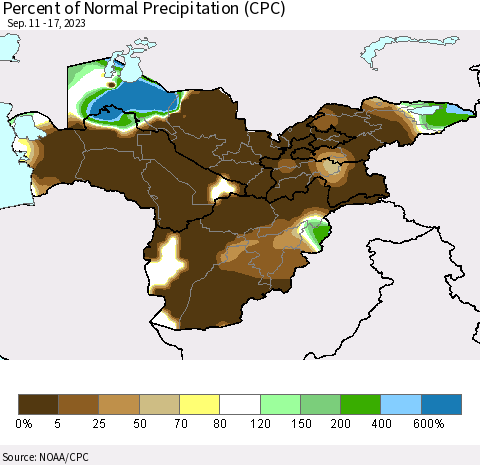 Central Asia Percent of Normal Precipitation (CPC) Thematic Map For 9/11/2023 - 9/17/2023