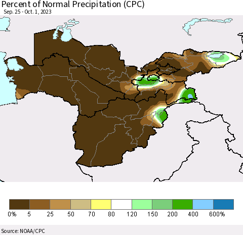 Central Asia Percent of Normal Precipitation (CPC) Thematic Map For 9/25/2023 - 10/1/2023