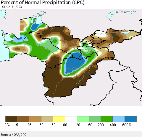 Central Asia Percent of Normal Precipitation (CPC) Thematic Map For 10/2/2023 - 10/8/2023