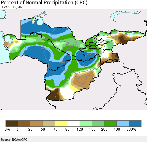 Central Asia Percent of Normal Precipitation (CPC) Thematic Map For 10/9/2023 - 10/15/2023