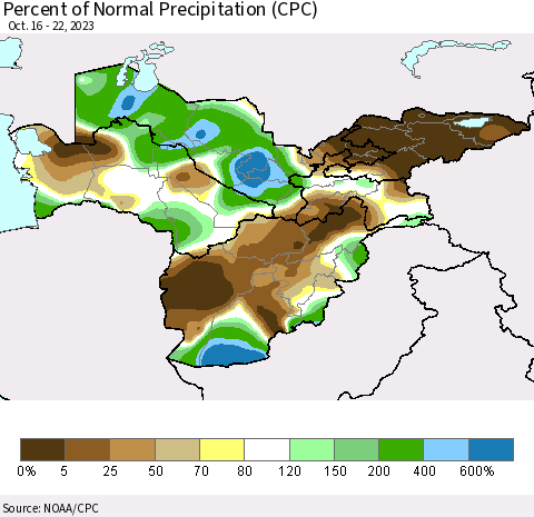 Central Asia Percent of Normal Precipitation (CPC) Thematic Map For 10/16/2023 - 10/22/2023