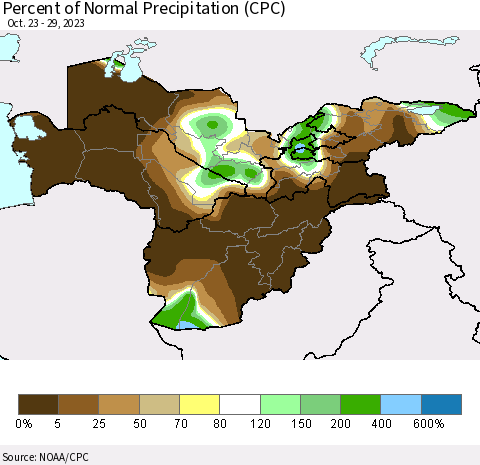 Central Asia Percent of Normal Precipitation (CPC) Thematic Map For 10/23/2023 - 10/29/2023